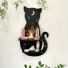 1 pieza Soporte para exhibir cristal con gato negro, estante de luna flotante con gato, estantería de madera con gato lindo montado en la pared para decoración gótica - Multicolor - Ver 6