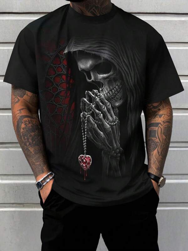 Plus Size Men Skull Graphic Round Neck Short Sleeve Casual T-Shirt, Summer