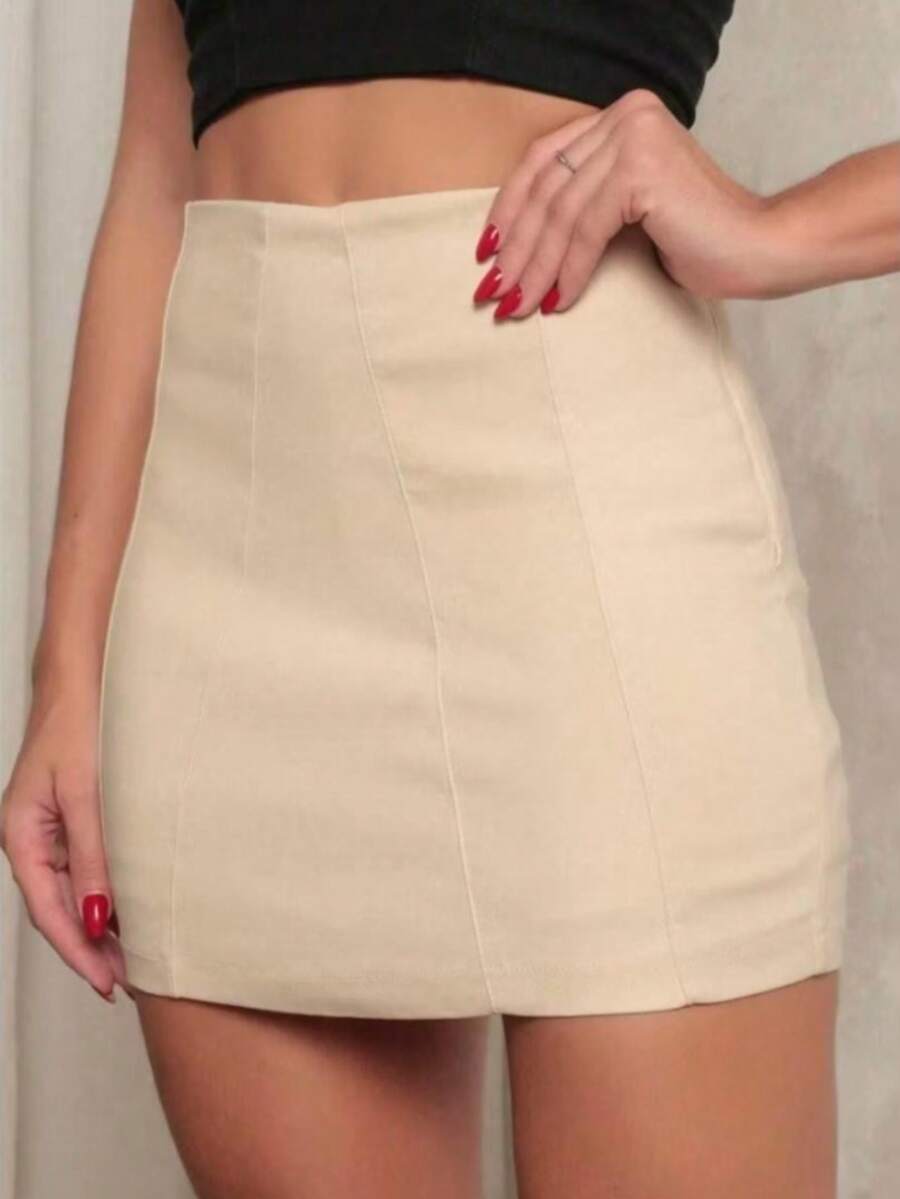 Short Saia Feminina Bengaline com Zíper Lateral – Estilo e Conforto para o Dia a Dia - Bege - Visão 1