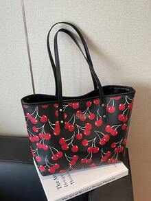 New Cute Cherry Pattern PU Tote Bag, Waterproof Design, Fashionable Large Capacity Shoulder Bag, Suitable For Women's Daily Use, School, Commuting - Black - View 4