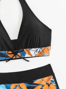 Summer New Fashion Bikini Set Women Two Pieces Swimsuit Bowknot Tropical Print Halter Tankini Bottoms Adjustable Tie Side Swimwear - Black - View 8