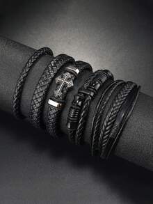 5 件/套新款男士时尚皮革手链，多层编织磁扣腕带组合适合日常佩戴，礼物