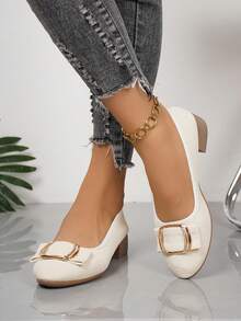 Girl Low Heel Slip-On Pumps, Comfortable Breathable Pointed Toe Chunky Heel Casual Work Shoes, Fashion - Beige - View 2