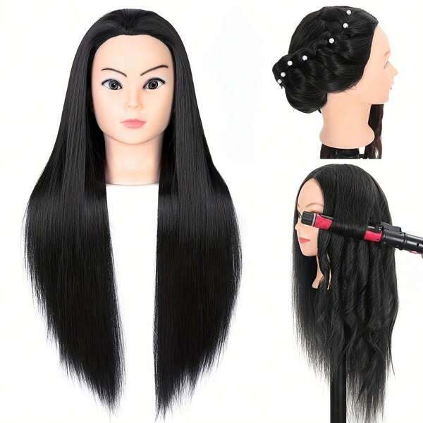Synthetic Fiber Mannequin Head With Long Straight Black Hair - Ideal For Hairdressing Training And Styling Practice, Hairdressing Practice Head Professional Hairdressing Head Artificial Hair Head
