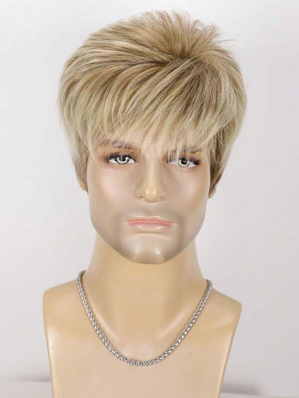 Parrucca corta da uomo con frangia laterale, 20 cm (8 pollici) di lunghezza, in fibra sintetica dorata alla moda a strati, ideale per uso quotidiano, feste, festival musicali e tutte le stagioni [parrucca liscia per uso quotidiano]. Cuffietta in rete traspirante color rosa per uomo