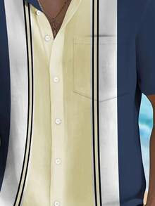 Plus Size Men's Vertical Striped Short Sleeve Single-Breasted Casual Shirt - Blue - View 3