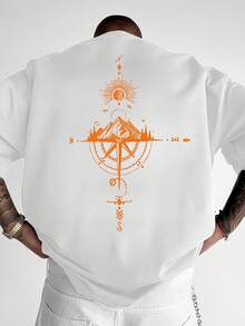 [Camiseta gráfica de aventura al aire libre] Camiseta de manga corta para hombres hecha de% poliéster, corte holgado, cuello redondo casual, azul marino con rosa de la brújula dorada e impresión de montaña - Camiseta gráfica de aventura al aire libre de verano, top casual moderno |   fácil de cuidar - Blanco - Ver 2