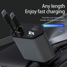 四合一快速充电车载充电器 数字显示电压 120w 快速充电 带 Type-C*2 伸缩充电线 USB 和 Type-C 双输出端口车载充电器 汽车点烟器充电器 - 灰-type-c*2 - 查看 3