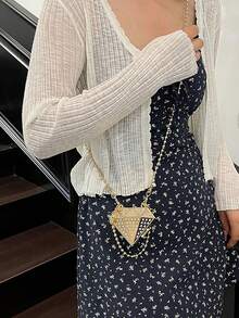 女士迷你小包，时尚高颜值单肩零钱包，甜美酷炫华丽链条斜挎包，钻石镶嵌几何包，适合宴会和户外派对 - 金色 - 查看 2