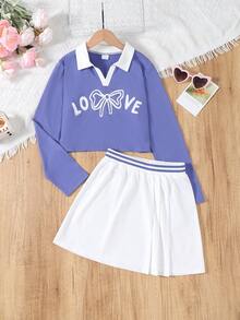 Girls' Spring/Autumn Long Sleeve Collared Blouse & Pleated Mini Skirt Set, Customized Splice Ribbed Two Pieces Outfit, Youthful & Energetic