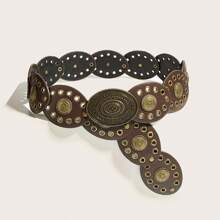 1pc Women's Bohemian Style Brown Patchwork Retro Metal Buckle Belt, Suitable For Dresses, Jeans, Music Festival & Commute Outfits Fall, Autumn, Halloween