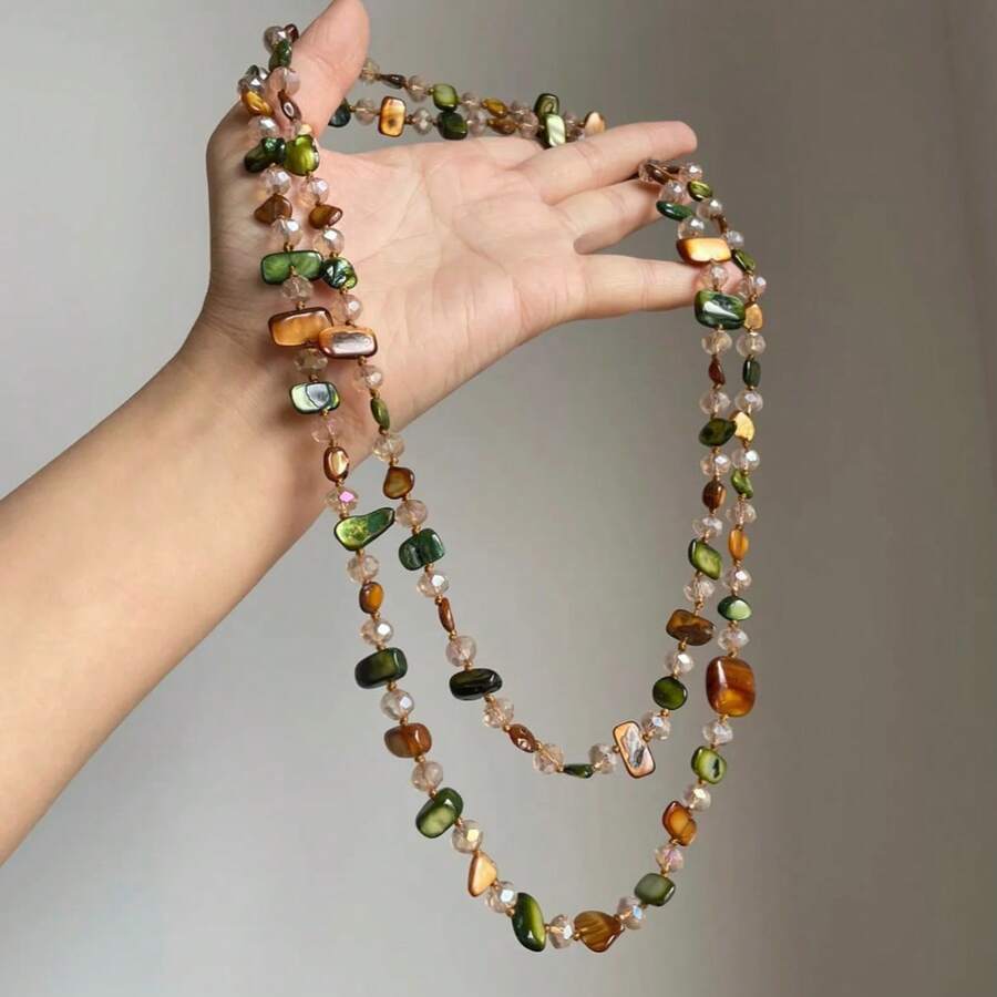 A Bohemian Colored Beaded Double-Layer Necklace Retro Light Luxury Vacation Necklace Can Be Worn - Màu tím - Xem 1