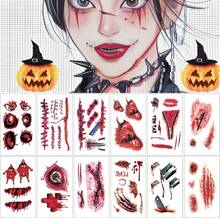 12 张超过 60 种设计疤痕纹身假血万圣节派对装饰服装化妆临时纹身恐怖伤口可怕血伤贴纸