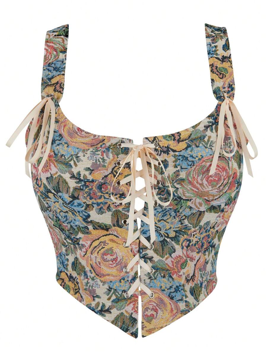 Alivila.Y Fashion Womens Vintage Floral Print Grommet Lace Up Tie Front Corset Bustier Shapewear Top - 彩色 - 查看 1