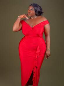 CurvyTilda 春夏女装派对婚礼酒红色无袖一字肩前扭褶装饰前开叉侧聚拢大码针织连衣裙