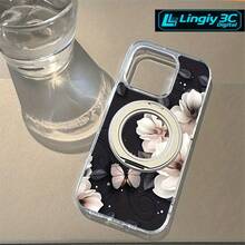 Funda para teléfono Patrón de diseño floral en blanco y negro, Vinilo adhesivo de alta transparencia Soporte magnético giratorio fuerte, Base lisa transparente Soporte anticaída Teléfono móvil, Adecuado phone16Promax, 16 15Pro 14PLUS 1 - Blanco - Ver 4