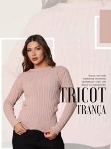Blusa Tricot Manga Longa Gola Redonda Detalhe Trança gola tradicional sofisticado malha quente segunda pele