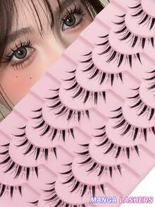 10 Pairs Of Natural Transparent Stems, Fake Eyelashes, Thick And Curled Comic Style Suitable For Beginners, Reusable, Suitable For Role-Playing And Stage Performances, Christmas Parties - Black - View 1