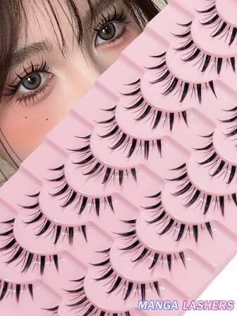 10对自然透明茎假睫毛，浓密卷翘的漫画风格适合初学者，可重复使用，适合角色扮演和舞台表演，圣诞派对