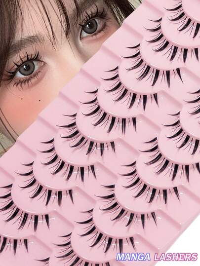 10 Pairs Of Natural Transparent Stems, Fake Eyelashes, Thick And Curled Comic Style Suitable For Beginners, Reusable, Suitable For Role-Playing And Stage Performances, Christmas Parties