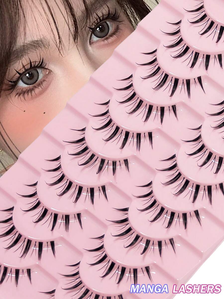 10 Pairs Of Natural Transparent Stems, Fake Eyelashes, Thick And Curled Comic Style Suitable For Beginners, Reusable, Suitable For Role-Playing And Stage Performances, Christmas Parties - Black - View 1