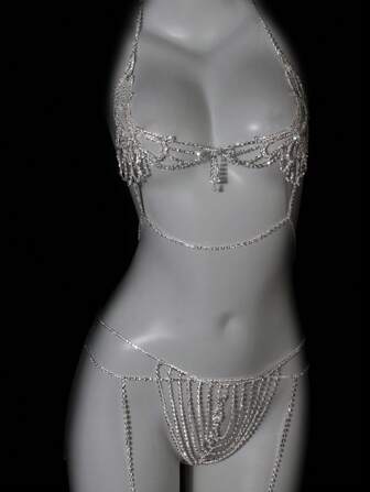 女士性感水晶蝴蝶镂空身体链套装，适合万圣节服装，性感比基尼派对胸链和内裤套装，适合私人派对、夜总会或家居使用，狂欢的性感配饰