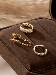 Set de 3 piezas de aretes con estrella y circonita cúbica brillante con cadena, perfectos para uso diario y looks de fiesta para mujeres