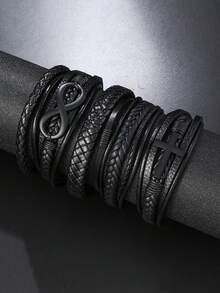 5 件/套新款男士时尚皮革手链，多层编织磁扣腕带组合适合日常佩戴，礼物