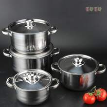 Olla de acero inoxidable, juego de 3 ollas de acero inoxidable, juego de 3 ollas de 20-26 cm, juego de utensilios de cocina de acero inoxidable, olla para sopa con doble asa, con tapa de vidrio, mango de remache pesado, olla para sopa con tapa, juego de cocina con asa, herramientas de cocina profesionales, utensilios de cocina, resistentes y duraderos, fáciles de limpiar, simples de usar, buena calidad y bajo precio, adecuados para cocinas de inducción y gas, adecuados para acampar, hogar, restaurante (plata) - Plateado - Ver 1