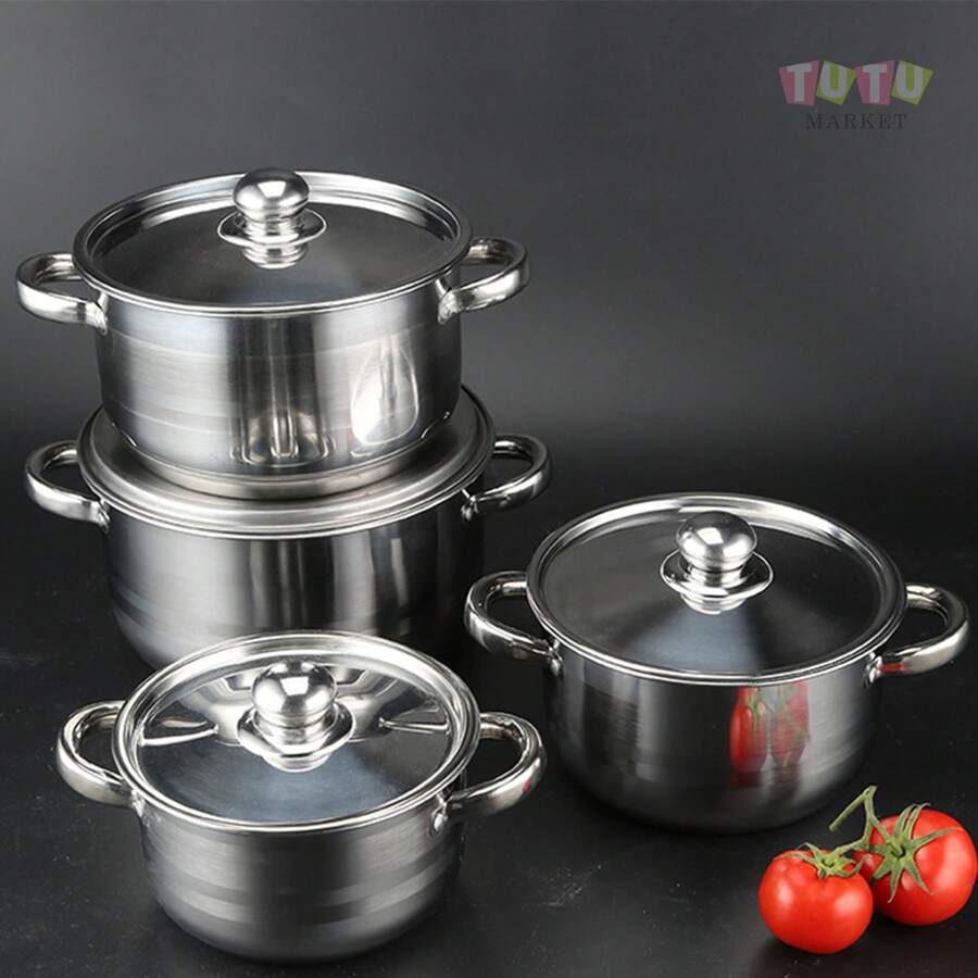 Olla de acero inoxidable, juego de 3 ollas de acero inoxidable, juego de 3 ollas de 20-26 cm, juego de utensilios de cocina de acero inoxidable, olla para sopa con doble asa, con tapa de vidrio, mango de remache pesado, olla para sopa con tapa, juego de cocina con asa, herramientas de cocina profesionales, utensilios de cocina, resistentes y duraderos, fáciles de limpiar, simples de usar, buena calidad y bajo precio, adecuados para cocinas de inducción y gas, adecuados para acampar, hogar, restaurante (plata) - Plateado - Ver 1