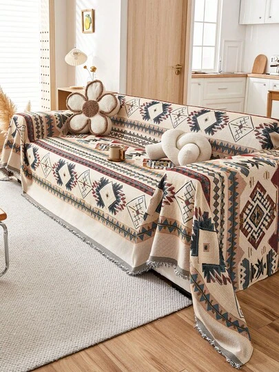 1pc Bohemian Sofa Throw Blanket - All-Season Comfort, Pet-Friendly, Sofa Covers Dust-Proof Couch Cover With Tassels - Ideal For Living Room, Kitchen, - Machine Washable, Throw Blanket For Couch