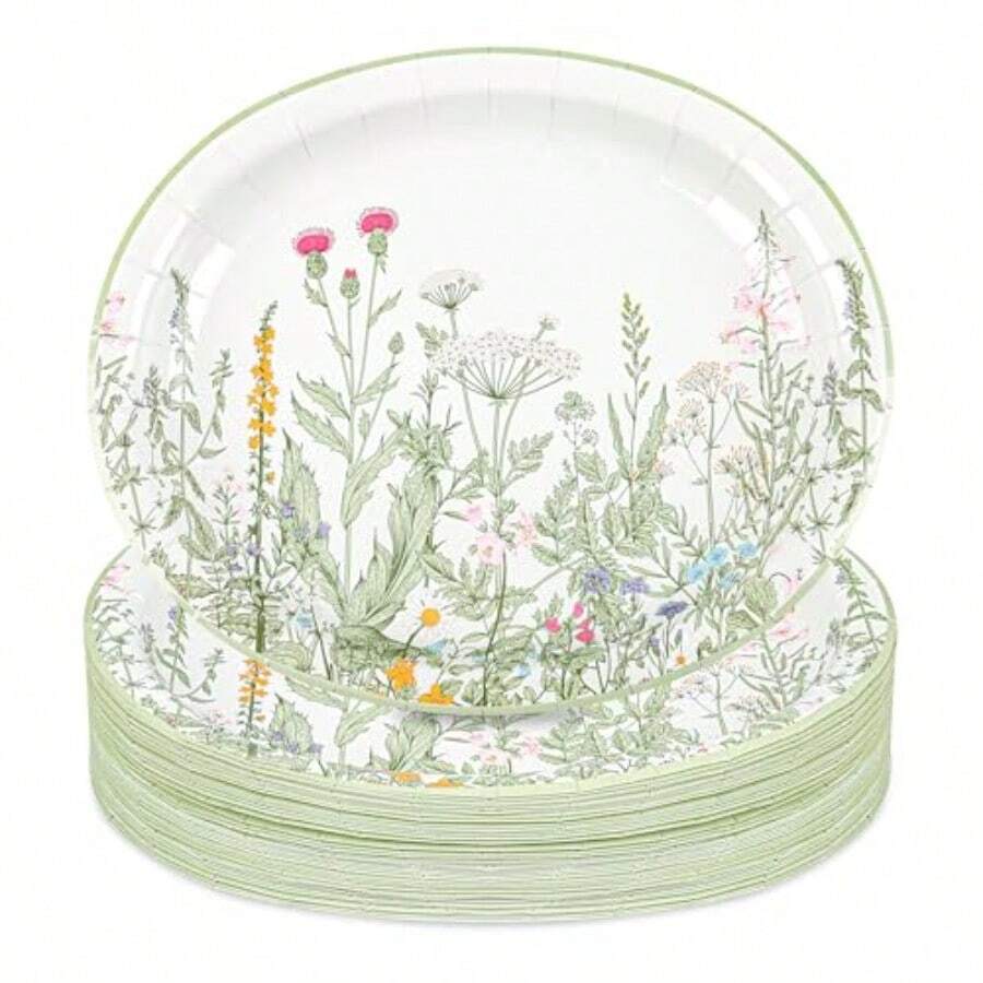 YQQ 50Pcs Wildflower Oval Paper Plates Spring Summer Floral Disposable Party Plates Vintage Garden Botanical Green Leaves Herbs 10 X 12 Dinner Serving Dish PlattersTANGYU - 春色 - 查看 1