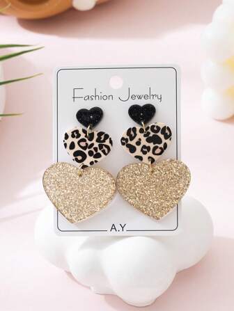 A Pair Of Exaggerated Leopard Print Acrylic Heart-Shaped Nightclub Party Style Earrings, Suitable For Daily Wear