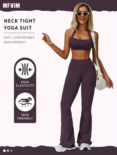 MFVIM 2pcs Women's Sleeveless Halter Backless Top And High Waist Flare Pants Workout Set (Dark Purple)