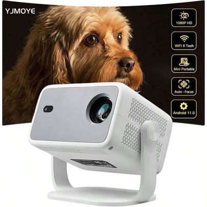 YJMOYE Projecteur intelligent YJMOYE Résolution native FHD 1080P Android 11.0 Mise au point automatique/Correction de la distorsion trapézoïdale (V+H) WiFi 5G double bande WiFi6 Projecteurs de cinéma maison portables Écran large de 150 pouces Compatible avec les téléphones portables