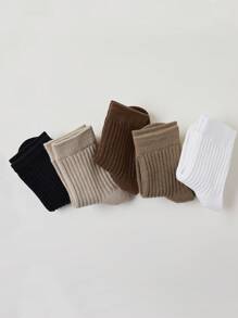 5/2/1 Pair Pack Children's Mid-Calf Socks, Suitable For Boys, Girls, Infants, Black, White, Khaki, Coffee, Solid Color, Striped, Massage Bottom, Pineapple Pattern Bottom, All Season, Thin, Mid-Calf, Casual, Fashionable, Comfortable, Versatile, Cute, Suitable For Daily Wear, Can Be Paired With Casual Shoes, Sneakers, Back To School Season, Students, New School Term, Start Of School, Classroom