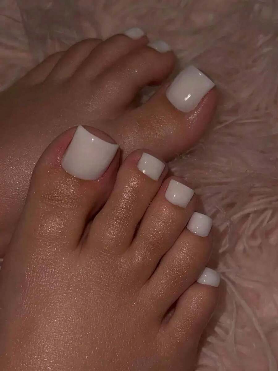 24pcs Square Minimalist French Solid Color Press-On Nails, Artificial Nail Strips Set - Suitable For Students, Ladies Parties, Dates, Everyday Wear To Enhance Your Look - White - View 1