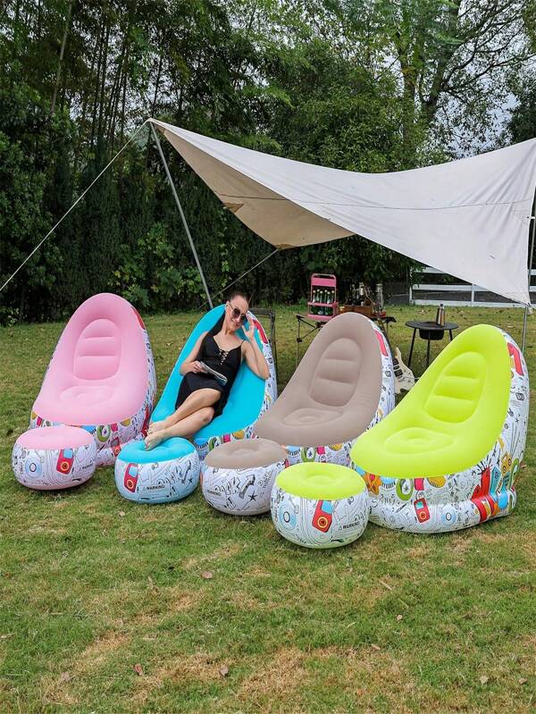 1 Stück Luftkissensofa, neues kreatives Graffiti-Aufblassofa, Macaron-Farbe, lässiges Sofa, aufblasbares Schlafsofa für den Außenbereich mit Fußstütze, beflocktes Sofa, geeignet für Camping, Wandern, Sonnenbaden mit der Familie