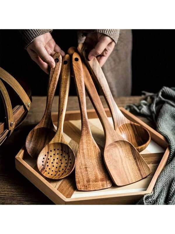 1/5pcs Premium Wooden Kitchen Utensils Set - Ergonomic Handles, Natural Wooden Spoons, Spurtle, Ladle, And Wok Spatulas For Non-Stick Pans, Heat Resistant, Easy To Clean, Kitchen Essentials