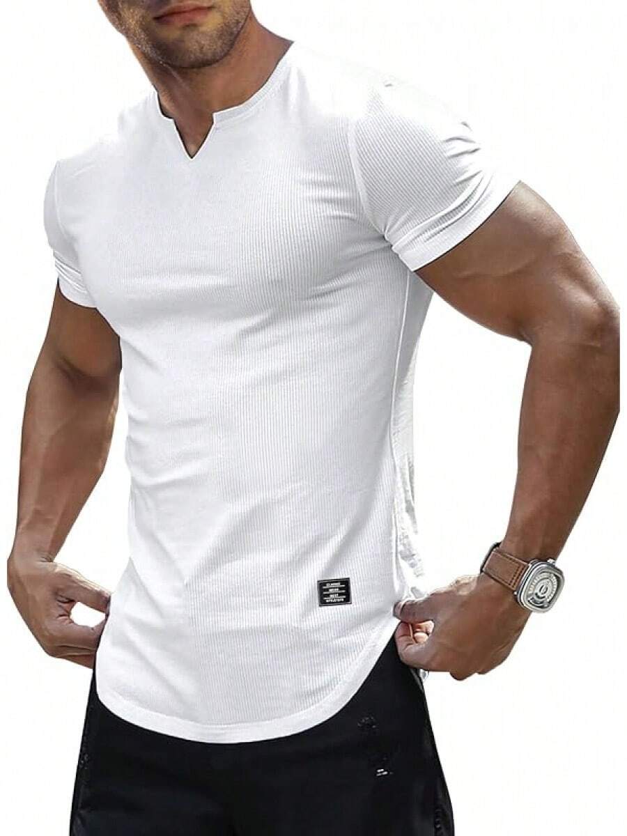 Mens Muscle Slim T Shirt V-Neck Longline Henley Shirt Gym Workout Athletic Tee Shirts