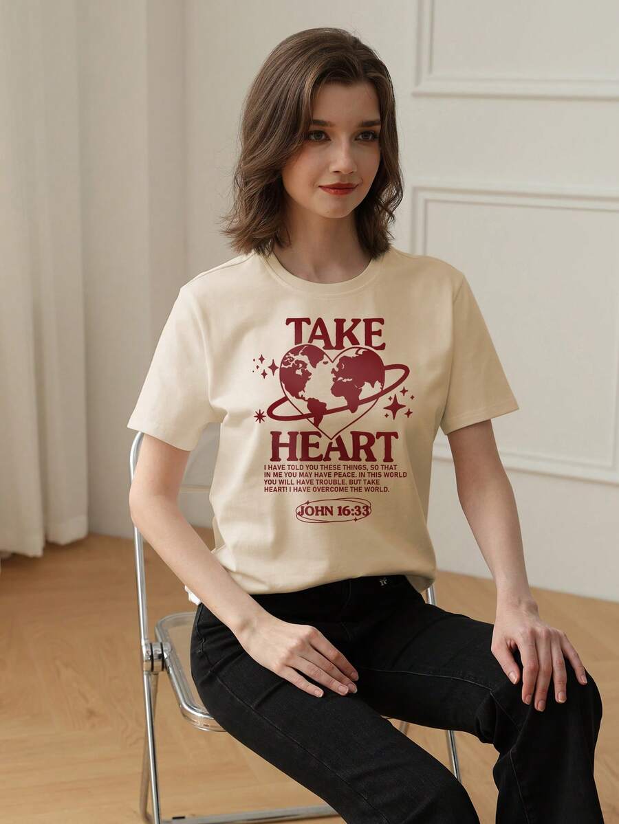 Women's Personalized Print Pattern Round Neck Short Sleeve Casual T-Shirt, Fashionable Versatile For Daily Wear, Spring/Summer