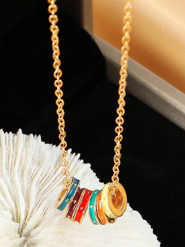 1pc Vintage Colorful Enamel Circle Pendant Necklace, Versatile Fashionable Jewelry, Suitable For Daily Wear, Festivals, Gifts, Parties