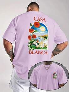 Camiseta Casual de Manga Corta para Hombre - Impresión Gráfica de Casa Blanca con Motivo Floral y Paisajístico, Verde Brillante, Ajuste Regular para Actividades al Aire Libre en Verano, Telas Cómodas - Negro - Ver 6