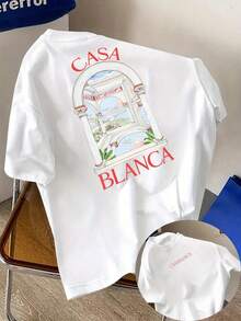 Camiseta gráfica azul claro para hombres Casa Blanca - Impresión artística de y paisaje, poliéster ligero, camiseta de verano de manga corta de ajuste regular, lavable aáquina, ropa casual, impresión elegante, ajuste cómodo, estilo streetwear - Blanco - Ver 1