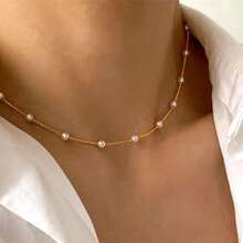 Dainty Pearl Choker Necklace With Thin Chain For Women - Satellite Pearl-gold - View 2