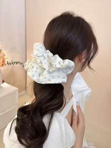 Scrunchies de Cabelo Enrolados Azul Fresco com Padrão de Chiffon Floral, Acessórios de Cabelo Elegantes, Elásticos de Cabelo, Elásticos de Cabelo Scrunchie