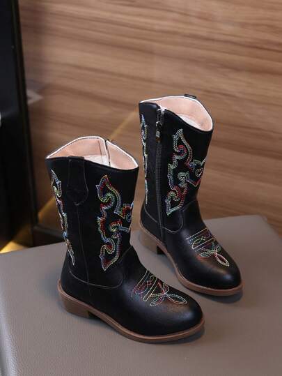 Kinder Lederstiefel im Westernstil mit Stickerei, Mädchen Chelsea Stiefel, Jungen Retro Britische Stiefel