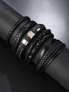 5 件/套新款男士时尚皮革手链，多层编织磁扣腕带组合适合日常佩戴，礼物