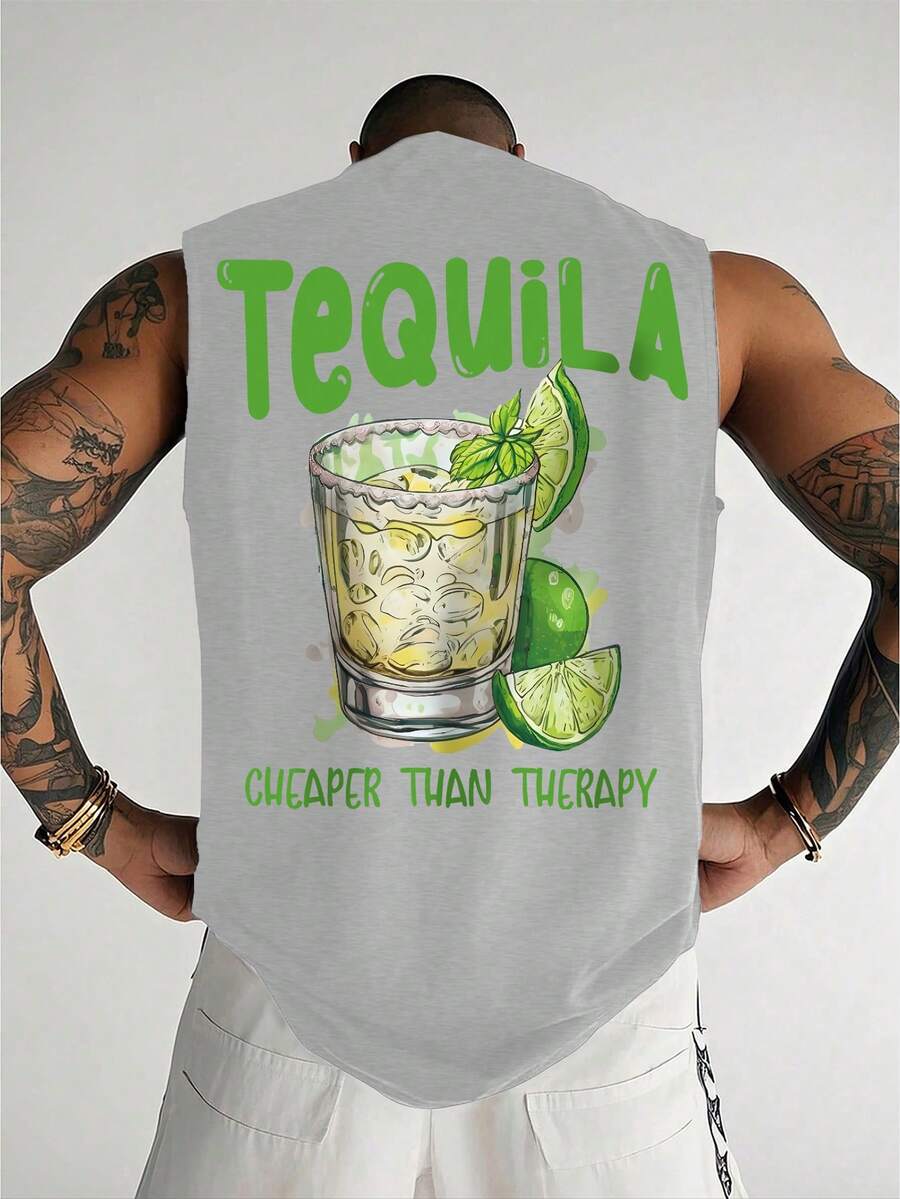 YUNCHIC - 男士休闲无袖背心，夏季轻便运动服，创意龙舌兰印花，圆领弹力打底衫，透气吸湿，健身训练外穿/内衣， - 淺灰色 - 查看 1