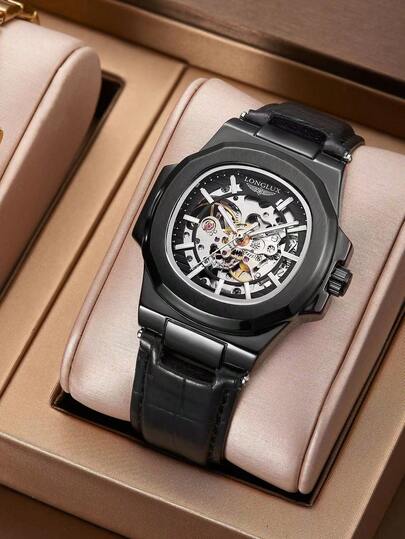 LONGLUX 1pc Men's Hollow Automatic Mechanical Waterproof Fashion Leather Band Watch